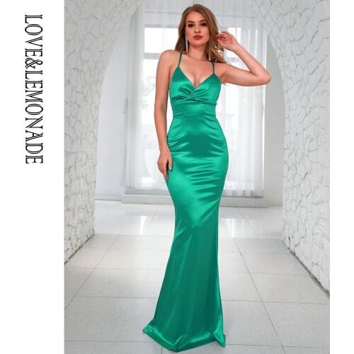 LOVE&LEMONADE Sexy V-Neck Open Back Cross Straps Green Elastic Party Maxi Dress LM83192