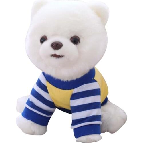 25cm cute Pomeranian simulation plush stuffed toys white Blue Stripe T-shirt Pomeranian dressing dolls, children Christmas gifts