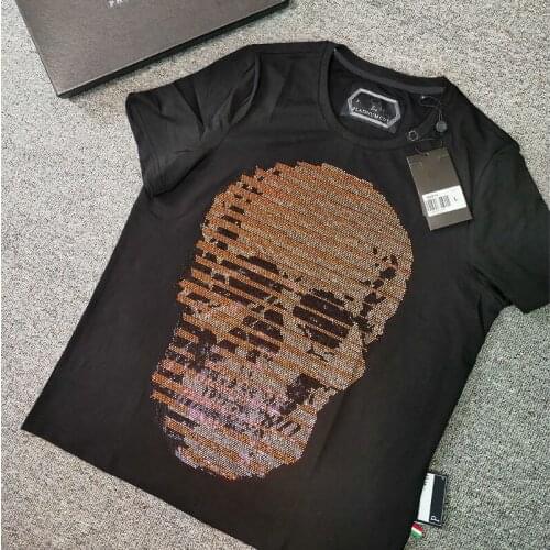 Men T-Shirt Short Sleeve 3D Printed Rhinestones Skull Round Neck Tops Hip Hop Punk Street Sportswear Plein T-Shirt Men Tops