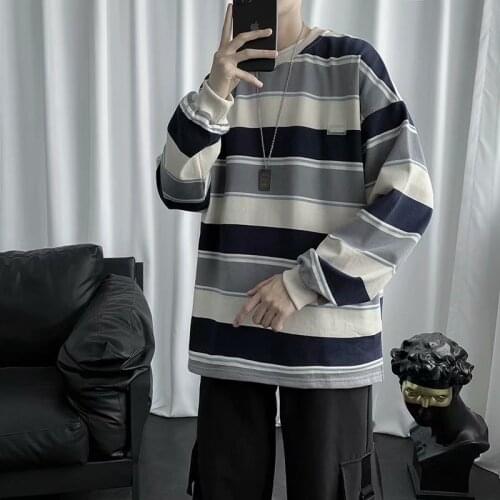 2021 Fall New Simple Fashion Striped Mens T-Shirt Harajuku Teen Casual Streetwear Hip Hop Oversize Loose Funny Couple Tops