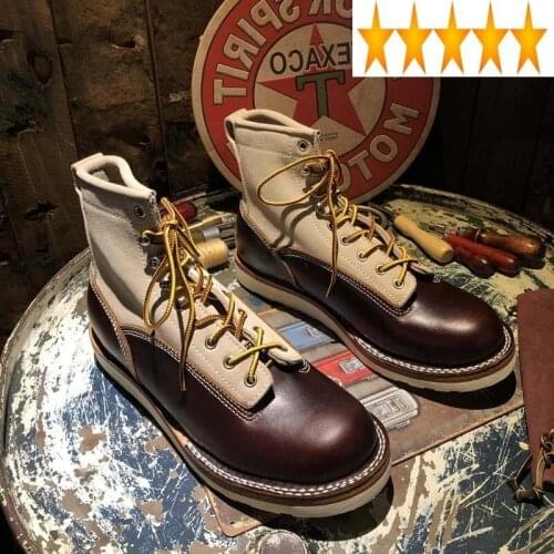 Round Retro Mixed Toe Colors Lace Up Cowboy Winter Mens Ankle High Quality Handmade 100% Genuine Leather Motorcycle Boots