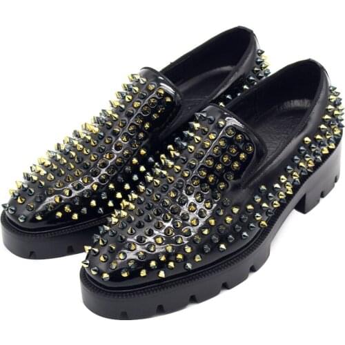 Hot Square toe Rivet Casual Shoes increase Loafers Genuine Leather Black Men Shoes High Quality Mens Shoes