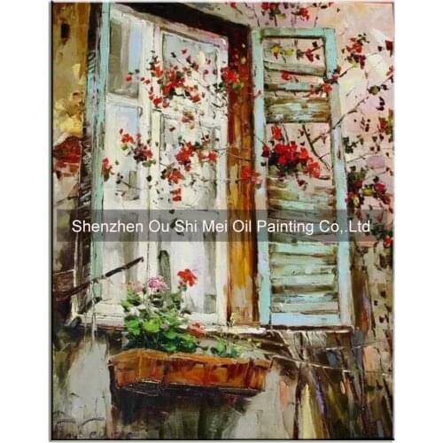 Hand Painted Wall Landscapes for Living Room Decor Abstract Window Red Flower Scenery Oil Painting Handmade Summer Oil Picture