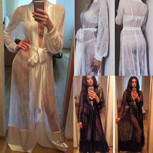 2021 New Sexy Womens Long Silk Kimono Dressing Gown Bath Robes Lace Up Babydoll Lingerie Nightdress Lace Sleep Dressing