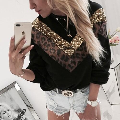 2021 New Autumn Leopard Print Sequin Sweatshirt Casual Long Sleeve Hoodies O-neck Black Sweatshirt Pullovers Winter Fashion