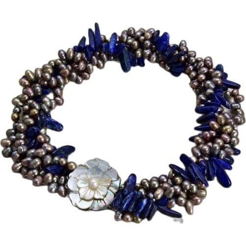 JK 17" 4 Rows Cultured Brown Pearl Blue lapis Torsade Necklace