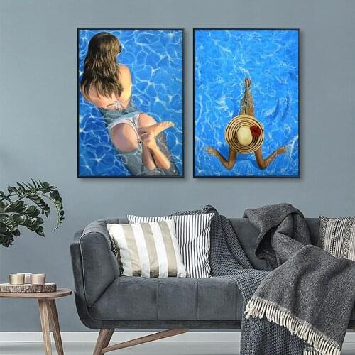 Modern Sexy Bikini Woman Poster and Print Blue Swimming Pool Fashion Beauty Wall Art Canvas Painting for Living Room Home Decor