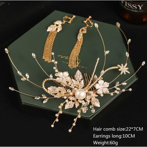 Hand-woven gold leaf crystal hair with comb earrings for bridal wedding ornaments BN