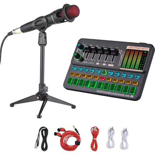 Muslady SK500 Portable Live Sound Card Voice Changer Device Audio Mixer Kit with Microphone Mic Stand Earphone for Live Karaoke