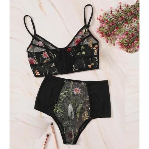 Flower Embroidery Sexy Bra Women Lace Transparent Underwear Set Sexy Lengerie Erotic Push Up Bralette Seamless G string Panties