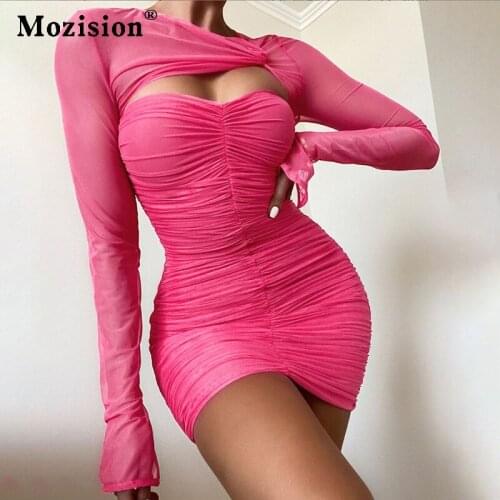 Mozision Mesh Hollow Out Bodycon Mini Dress For Women Pink Sexy Full Sleeve Slim Dresses Femme Night Clubwear Dress Vestidos