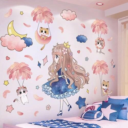 [shijuekongjian] Cats Animals Feathers Wall Stickers DIY Girl Clouds Wall Decals for Kids Room Baby Bedroom House Decoration