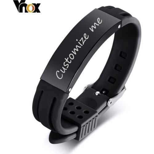 Vnox 16mm Personalize Bracelets for Men Silicone Band with Stainless Steel ID Bar Casual Jewelry Valentines Day Gift for Him