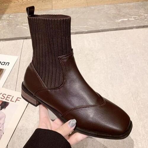 Knitting Boots Genuine Leather Patchwork Leisure Thick Med Heel Square Toe Slip On Ankle Ytmtloy Stretch Fabric Botines De Mujer