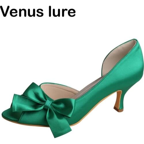 Custom Handmade Mid Heel Open Toe Wedding Party Shoes Green Women Satin Heels