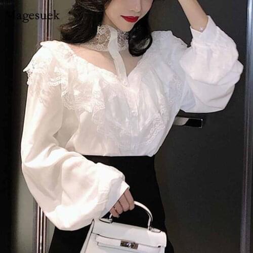 Spring Womens Fashion Casual Ladies Work Shirts Autumn Sexy Lace V-shaped Stitching Hollow Womans Shirts Cheap Wholesale 11265