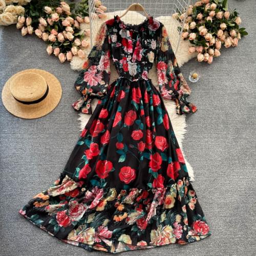Womens Spring Autumn Runway Fashion Long Sleeve Floral Print Long Dress Female Chic Travel Party Beach Dress TB879