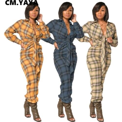 CM.YAYA aumutn winter womens Jumpsuits casual sexy long sleeve full length Regular bow Plaid women Jumpsuits
