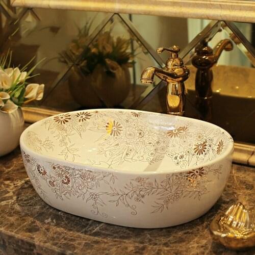 Gold Drawing Chrysanthemum Europe Vintage Style Art Porcelain Countertop Basin Sink Ceramic Bathroom Vessel Sinks Vanities basin