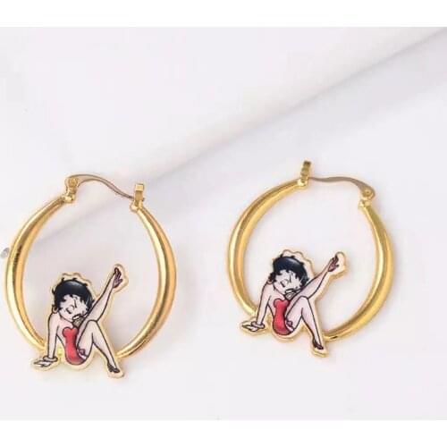 1Pair Y2K Jewelry Cartoon Girl Earrings For Women Metal Cute Charms Hoop Earrings Gossip Girl 90s Style Friends Gifts