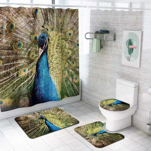 3D Printed Bathroom Curtain Shower Mats 4pcs Anti-slip Washroom Carpet Toilet Cover Mat Foot Rugs Washable Bathroom Rug Set