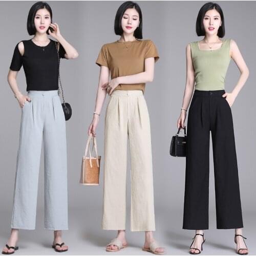 Summer wide-leg pants casual high-waist nine-point straight female pants fashion pantalon taille haute femme