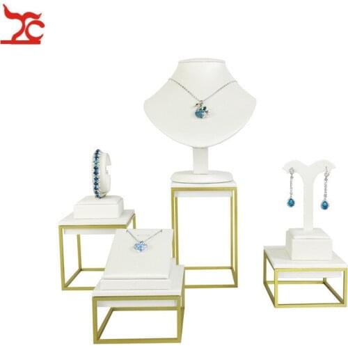 Display case Quality Plating Stainless Steel Jewelry Earring Display Necklace Showcase White PU Jewelry Display Stand