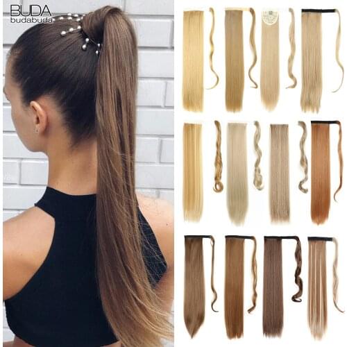 22Inches Long Straight Synthetic Clip In Ponytail Hair Extension Wrap Around Ponytail Fake Pony Tail Hair For White Women Blonde