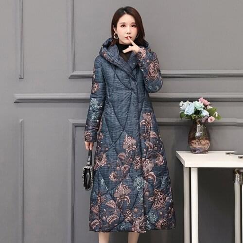 Chinese Style Womens Winter Down Jacket X-long Printing Plus Size Thick Outwear Hooded Loose Covered Button Female Cold Coat