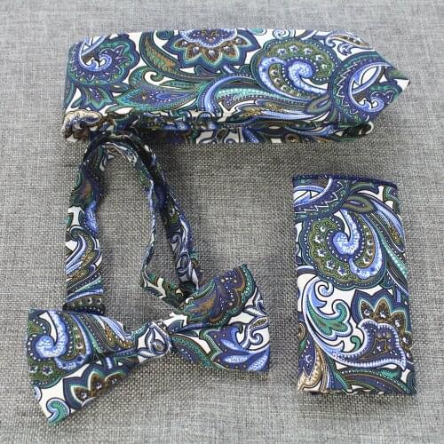 Ricnais Classic 6cm Slim 3PCS Cotton Tie Set Red Grey Floral Print Handkerchief Bowtie Necktie Sets For Woman Mens Wedding Gifts