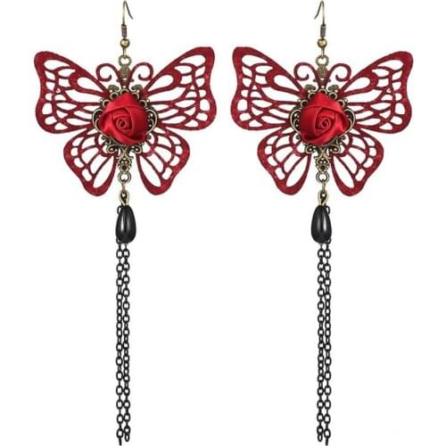 Beautiful Hollowed Red Velvet Butterflies Long Chain Tessel Girl`s Drop Earring Jewelry