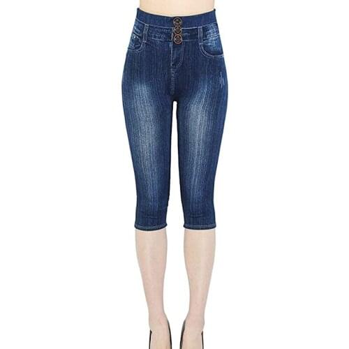 Women Denim Print Leggings Summer Slim Leggings Faux Jeans Leggings Stretch Printed Short Leggins Pants Summer Breeches