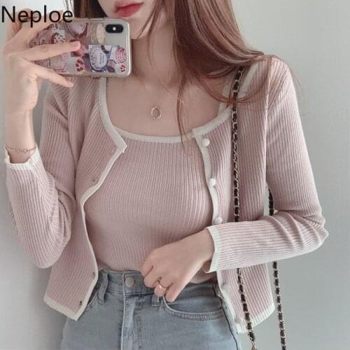 Neploe Sweet Contrast Color Short Knit Cardigan Two-piece Suit Women Single-breasted Fashion Long Sleeve Sweater Slim Sling Set