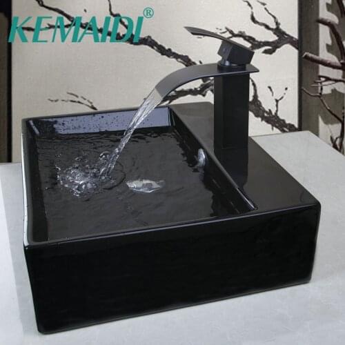KEMAIDI Rectangular Bathroom Shampoo Black ORB Ceramic Countertop Bowl Wash Basin Sink Vessel With Pop Up Drain Faucet sets