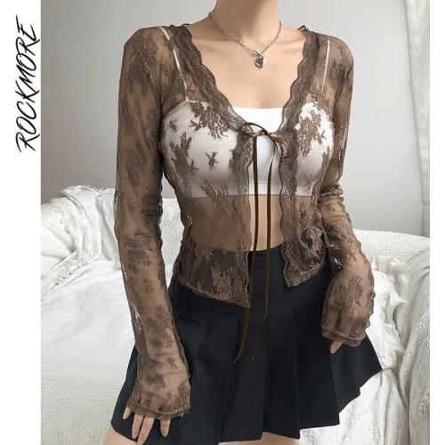 Rockmore Brown Sexy Mesh Lace Crop Top Y2K Vintage Long Sleeve See Through Womens T Shirt V Neck Tie Up Floral Kawaii Clothes