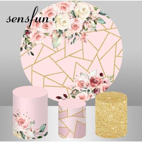 Sensfun Pink Flowers Glitter Gold Geometry Round Backdrop Cover Lady Birthday Wedding Party Photography Background Plinth Covers