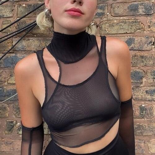 Sexy Club Mesh See-Through Sleevsless Tank Tee Women Fashion Street Style Off Shoulder Solid Color Crop Top T-Shirt Mujer