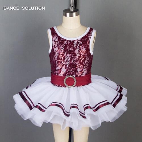 Burgundy Sequin Lace Bodice with White Tulle Skirt Ballet Tutu Children Stage Show Costume Girl Sleeveless Romantic Dress 19001