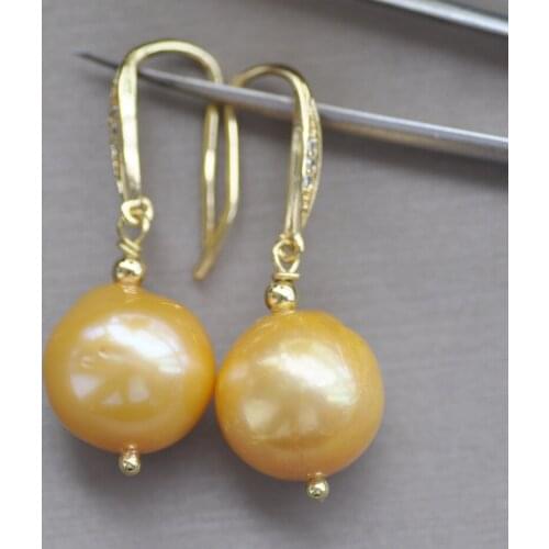 Z10768 14mm Golden Round Edison Keshi Pearl Dangle Earring CZ