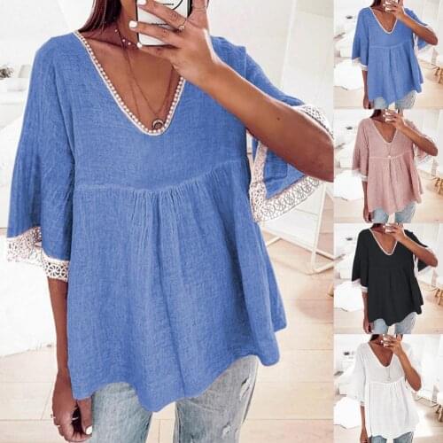 Blouse Splicing V-neck Lace Elbow Sleeve Female Shirt Clothing for Spring