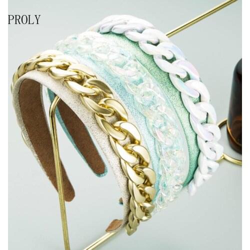 PROLY New Fashion Baroque Headband Women Vintage CCB Chain Hairband Wide Side Fresh Color Headwear Girls Hair Accessories