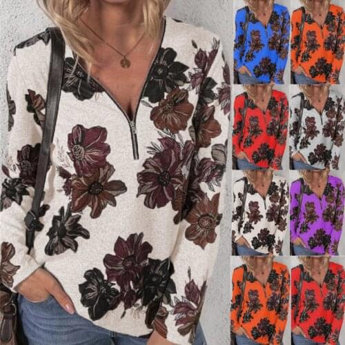 Plus Size Women Fashion Loose Casual long sleeves V neck zipper froral printed summer tshirt tops blouses
