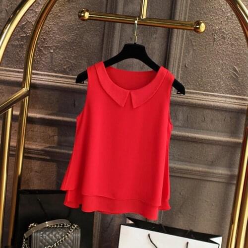 Women 2020 Female Solid Color Double layer Chiffon Shirts Casual sleeveless Loose Top Plus Size Clothing large size Blouse Shir