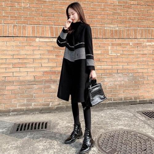 2021 Fashion Off Season Black Tweed Jas Women Middle Length New Thousand Birds Checking Hepburn Wool Coat Reef And Winter Coat