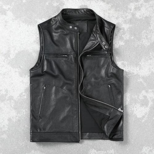 2021 Men Autumn New Genuine Cow Leather Vest Men Real Leather Motorcycle Biker Waistcoat Male Slim Zipper Sleeveless Jacket W638