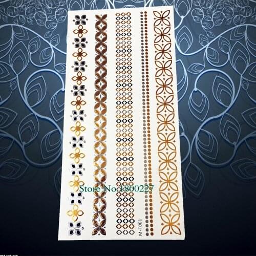 Gold bracelet waterproof tattoo body art flash temporary tattoo sticker 21x10.2cm silver metallic tatoo henna arm leg fake tatto