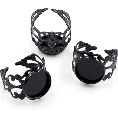 12mm 10pcs Black Plated Brass Adjustable Ring Settings Blank/Base,Fit 12mm Glass Cabochons,Buttons;Ring Bezels -J3-40