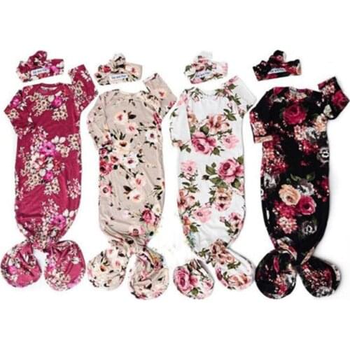 0-6 Month Floral Printed Swaddle Wrap Baby Blanket Newborn Infant Baby Boys Girls Long Sleeve Cotton Sleeping Bag+Hair Band 2Pcs