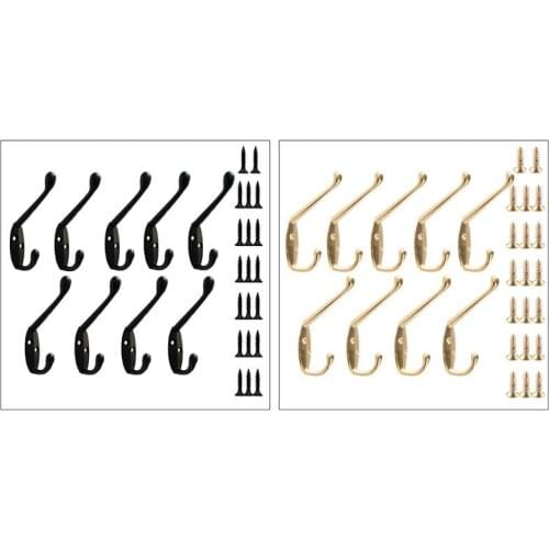 9 Pack Coat Hooks Wall HooksHeavy Duty Wall Mounted for Hat Hardware Dual Prong Retro Coat Hanger with 20 Screws(Black/Gold)