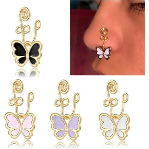 African Nose Cuff Butterfly Fake Nose Ring Non Piercing Clip on Nose Rings for Women Girls Black/Pink/Purple/White